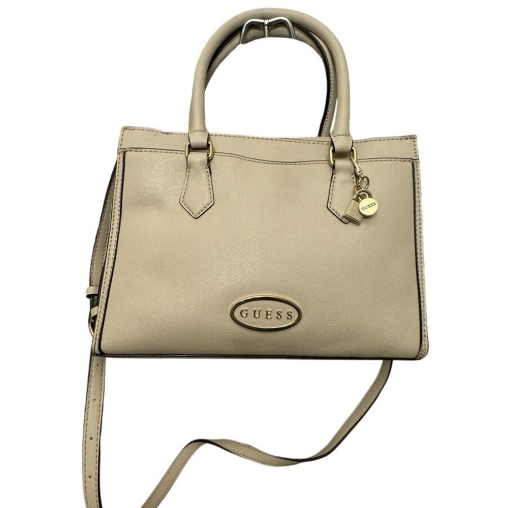 Guess Satchel Handbag Beige Faux Leather Lock Charm Top Handle Crossbody Bag